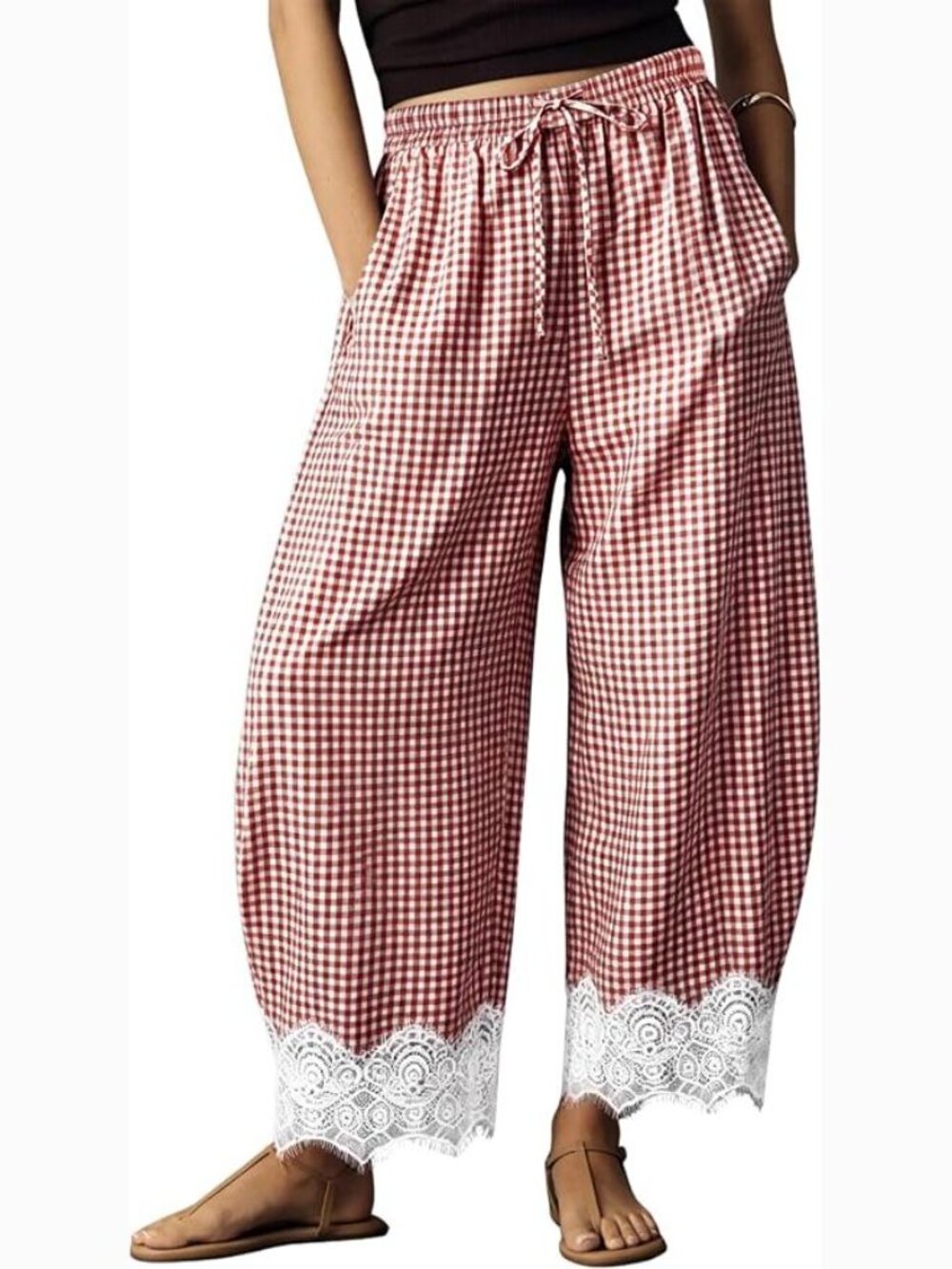 Gingham Barrel Wide Leg Palazzo Pants with Pockets, Lace Trim, and Drawstring